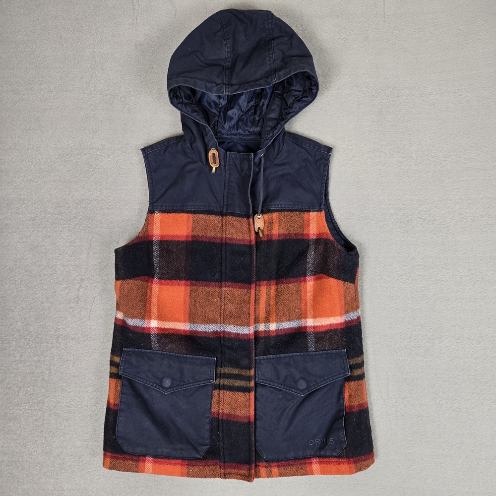 Orvis Vest Women Small Plaid Hooded Orange Navy Blue Quilted Lining Full Zip